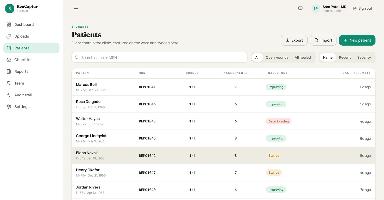 RenCaptur web console patient list with demo patients