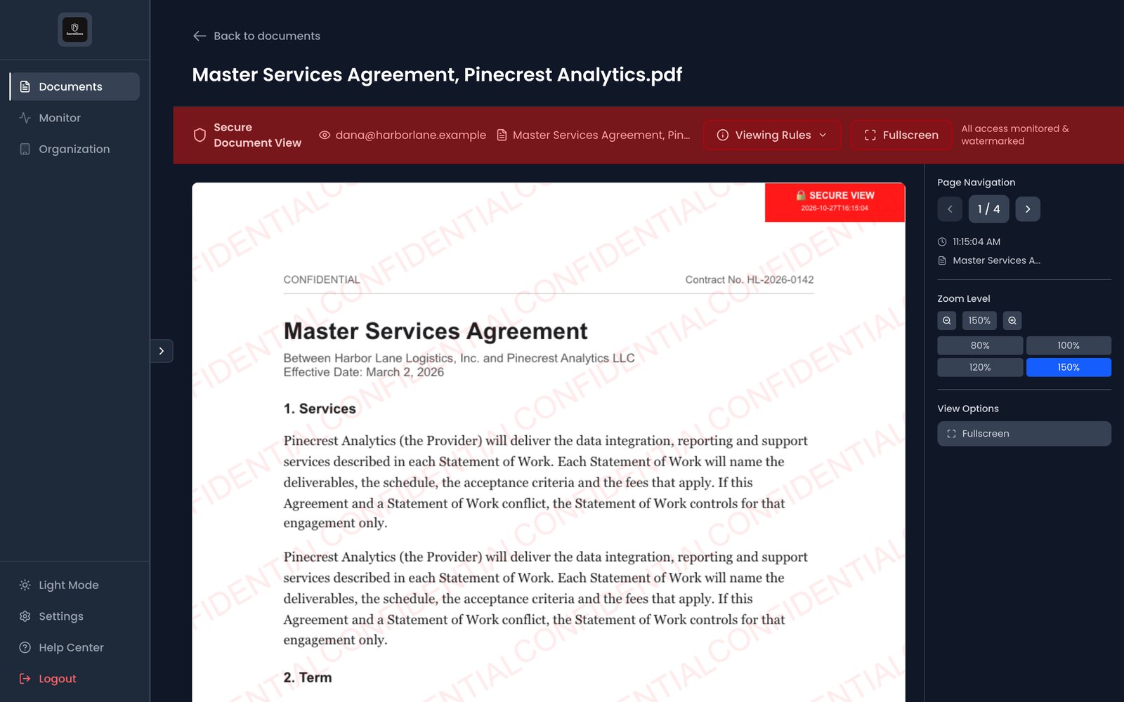 SecretDocs secure viewer showing a test contract with watermarks